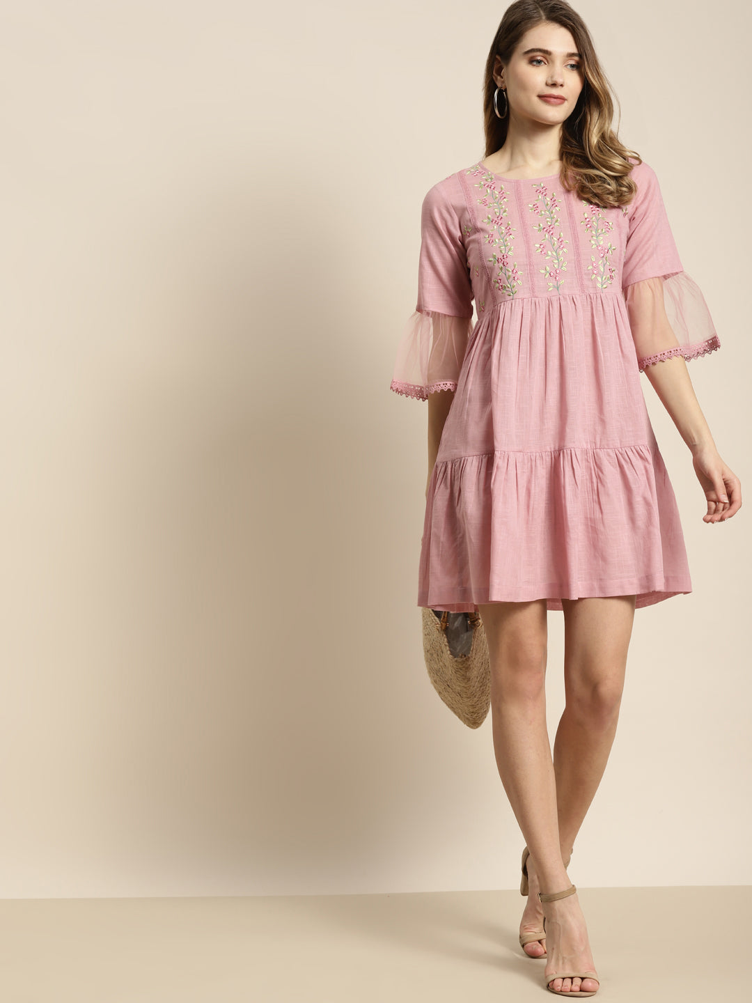 Juniper Womens Blushpink Cotton Slub Solid Embroidered Short Dress - Distacart