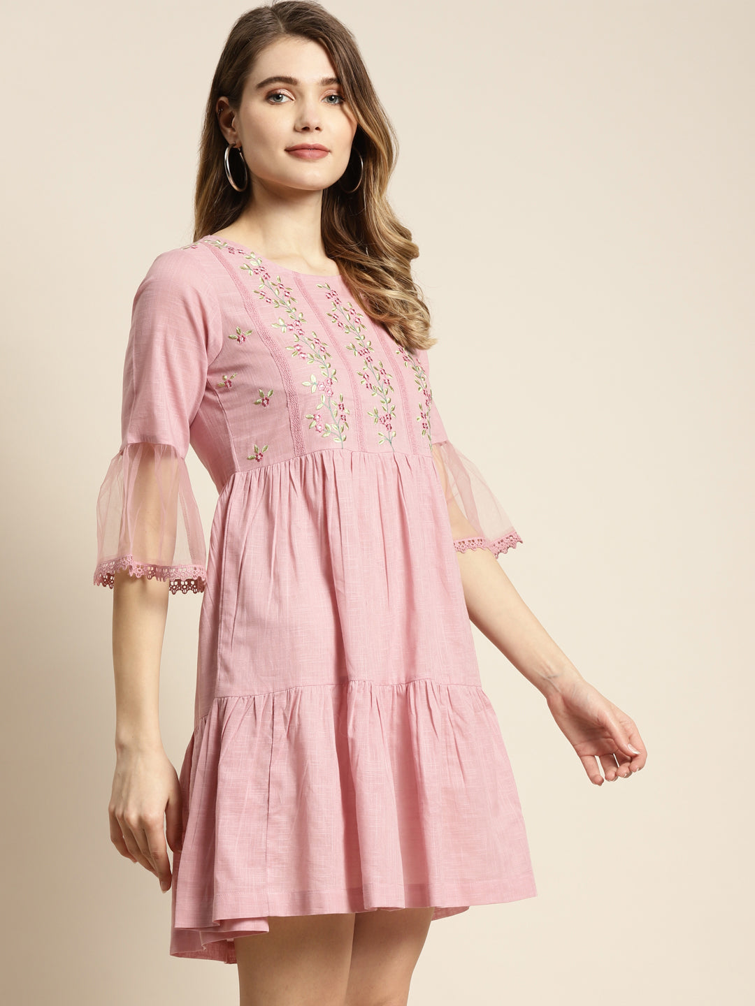 Juniper Womens Blushpink Cotton Slub Solid Embroidered Short Dress - Distacart