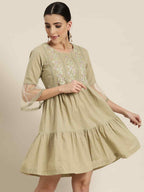 Juniper Women's Blush Pink Floral Printed Cotton Slub Tiered Short Dress With Thread Work Embroidery - Distacart