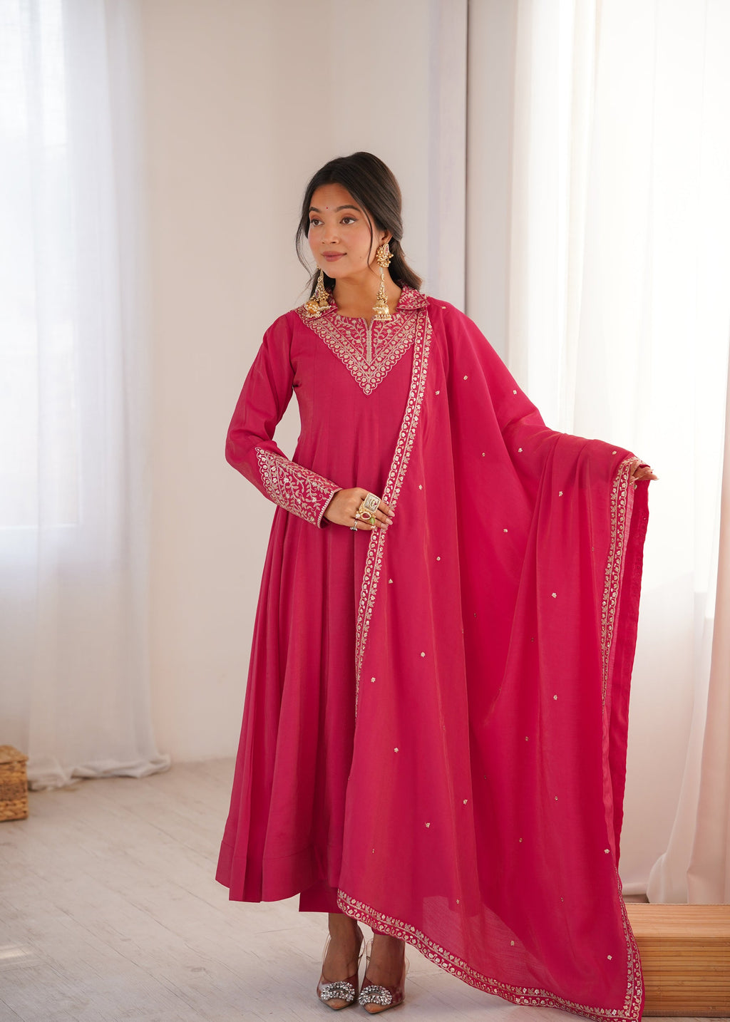 Lorenvalley Fashion Magenta Roman Shimmer Silk Sequence and Jari work Anarkali Gown Pant with Dupatta - Distacart