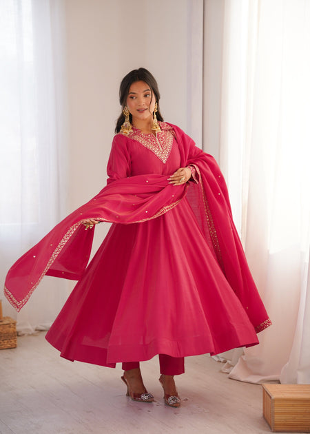 Lorenvalley Fashion Magenta Roman Shimmer Silk Sequence and Jari work Anarkali Gown Pant with Dupatta