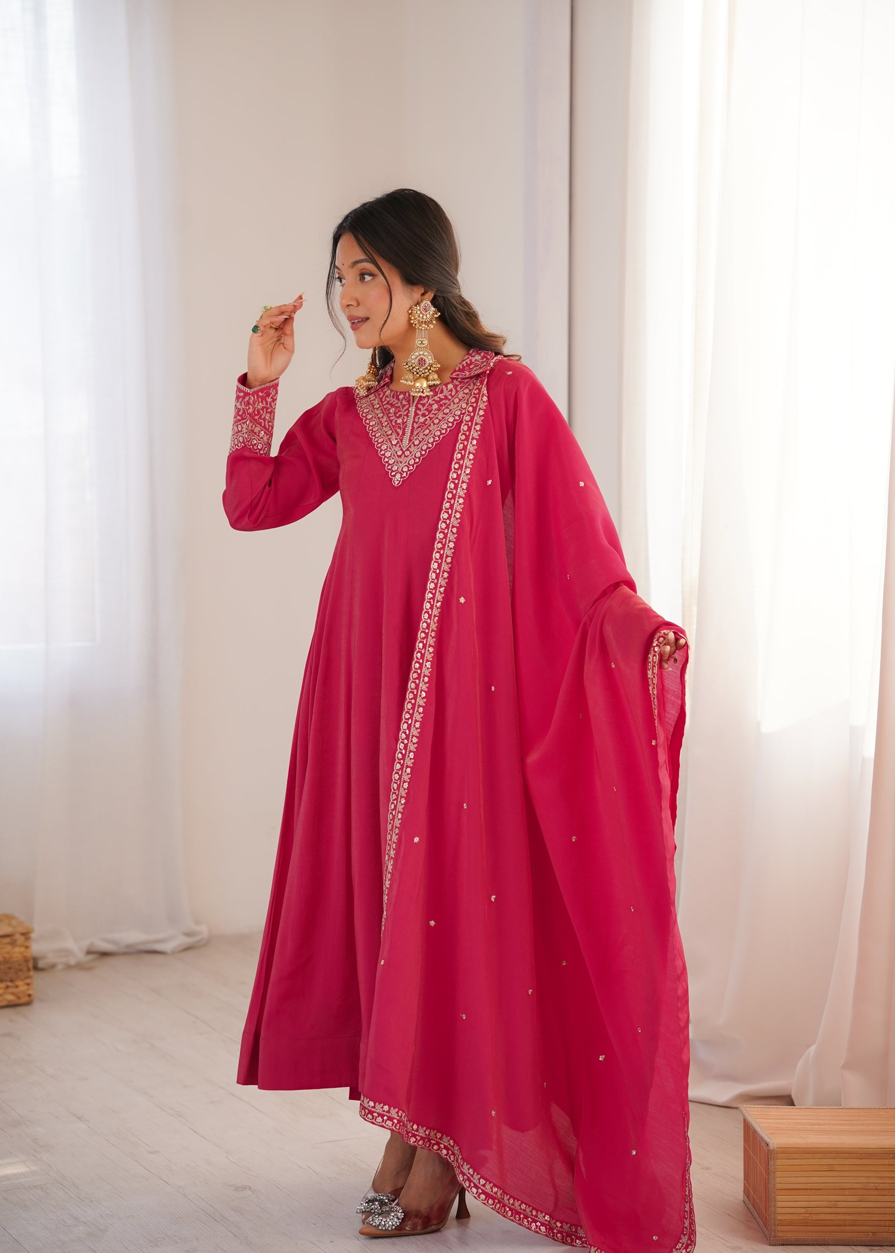Lorenvalley Fashion Magenta Roman Shimmer Silk Sequence and Jari work Anarkali Gown Pant with Dupatta - Distacart