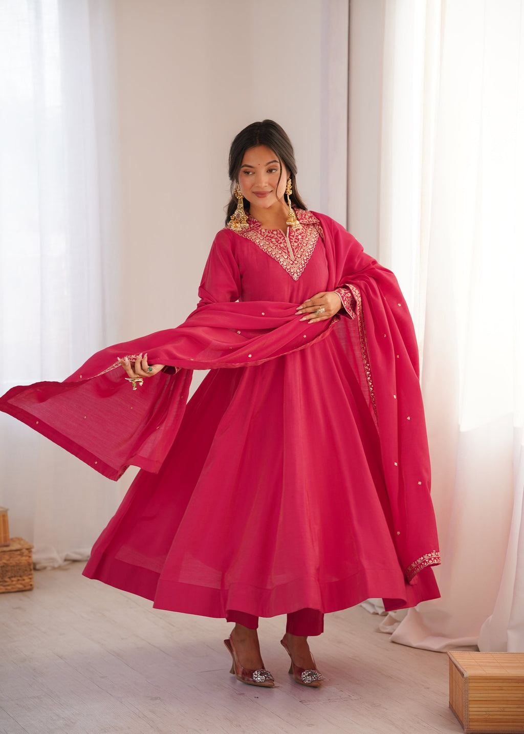 Lorenvalley Fashion Magenta Roman Shimmer Silk Sequence and Jari work Anarkali Gown Pant with Dupatta - Distacart