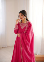 Lorenvalley Fashion Magenta Roman Shimmer Silk Sequence and Jari work Anarkali Gown Pant with Dupatta - Distacart
