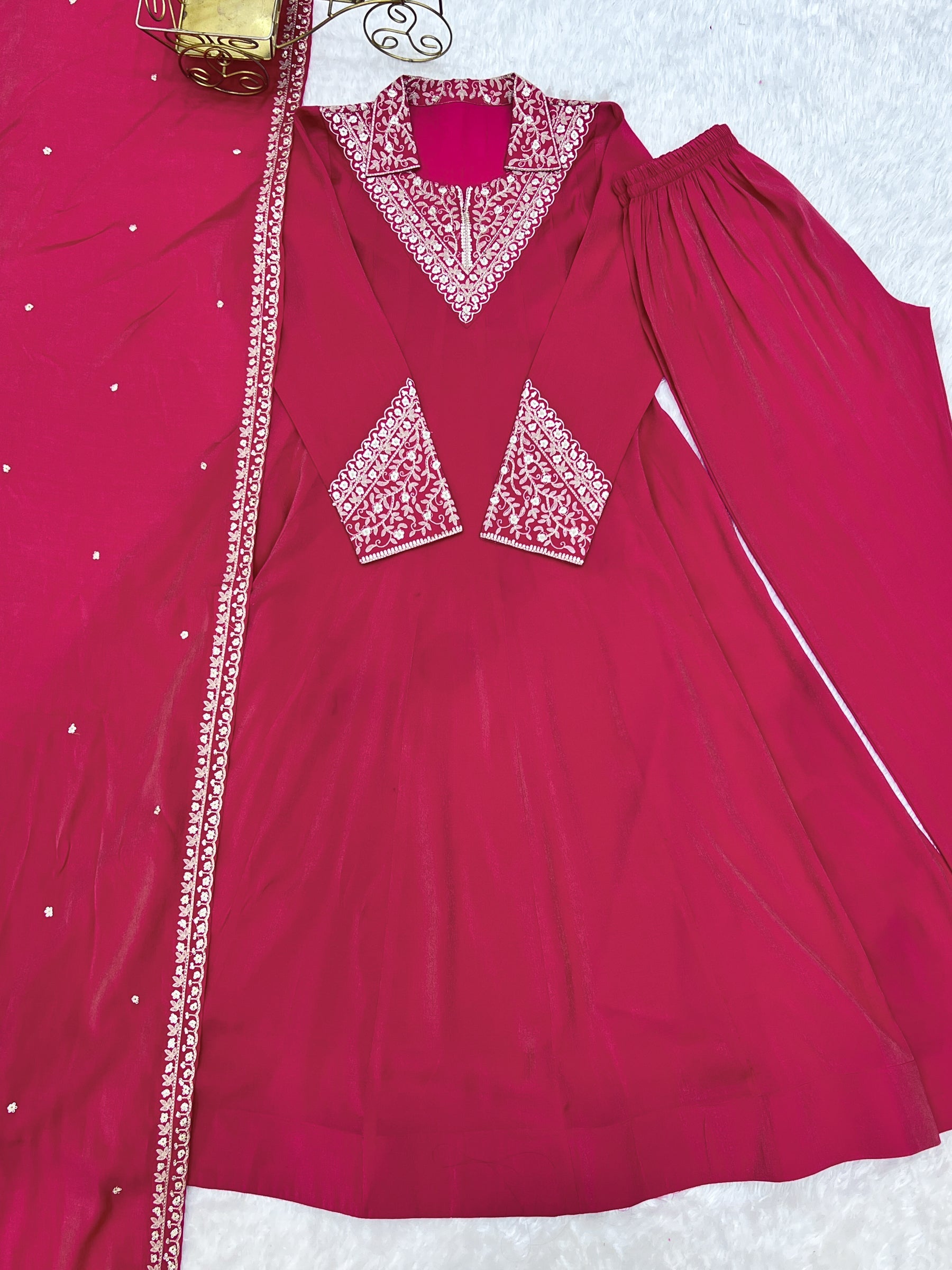 Lorenvalley Fashion Magenta Roman Shimmer Silk Sequence and Jari work Anarkali Gown Pant with Dupatta - Distacart