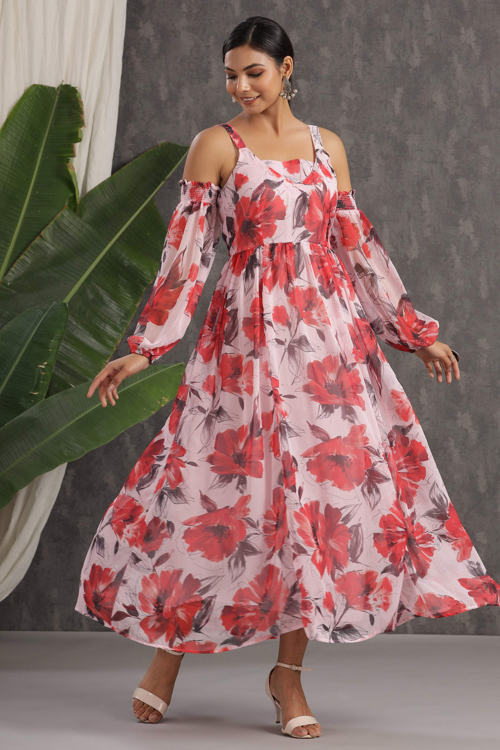 Juniper Light Pink Floral Printed Chiffon Maxi Dress With Adjustable Straps & Cold Shoulder - Distacart