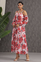 Juniper Light Pink Floral Printed Chiffon Maxi Dress With Adjustable Straps & Cold Shoulder - Distacart