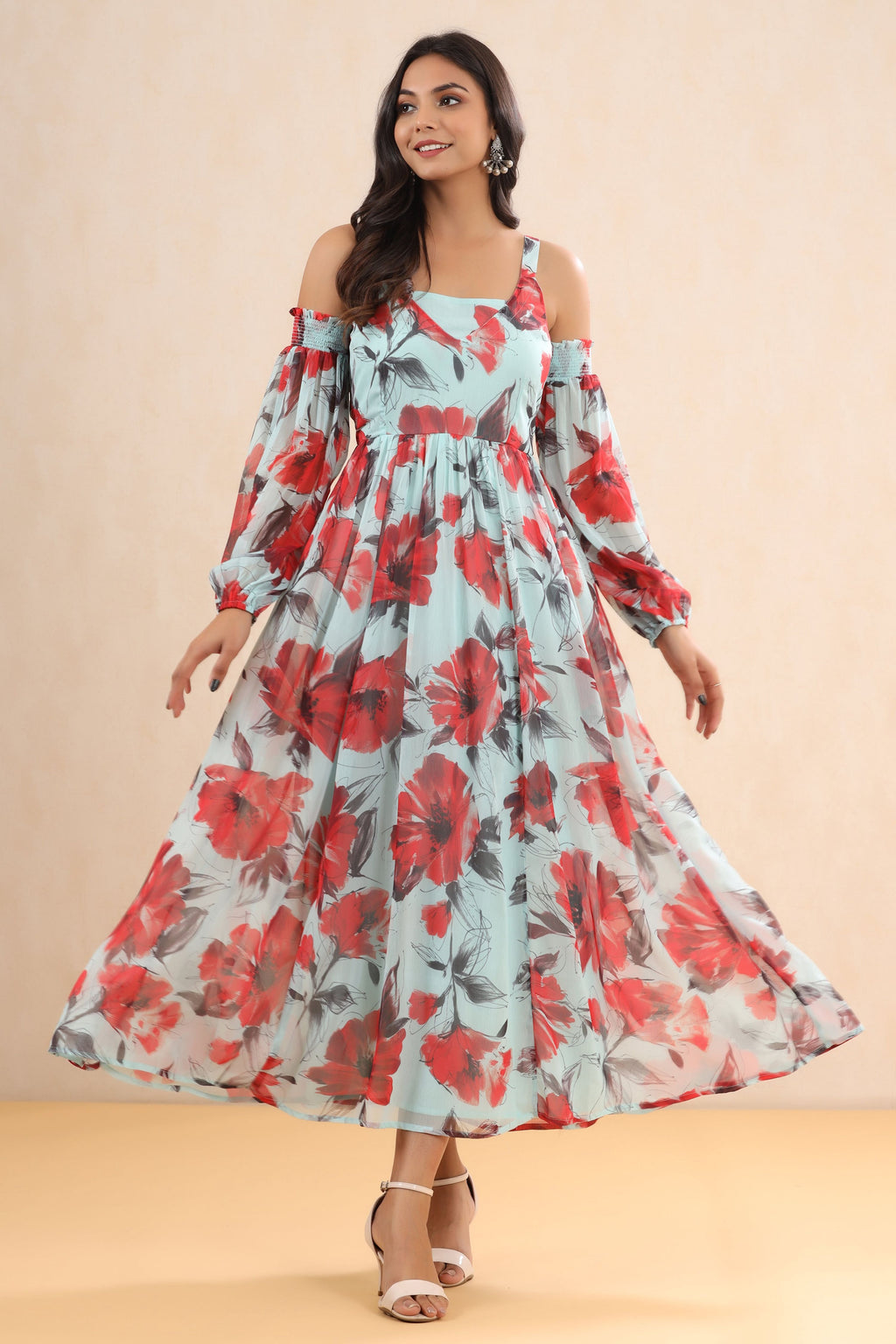 Juniper Mint Floral Printed Chiffon Maxi Dress With Adjustable Straps & Cold Shoulder - Distacart