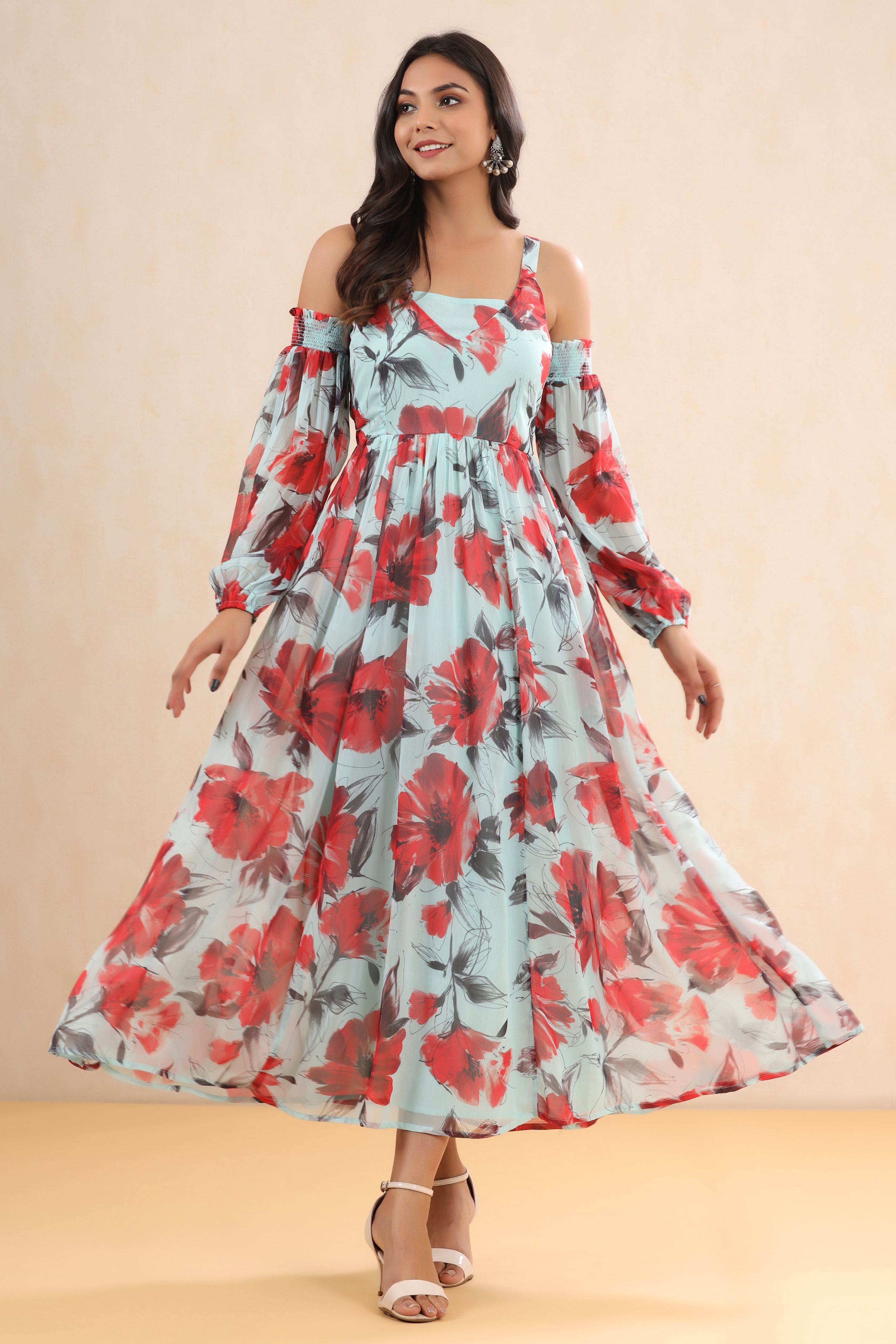 Juniper Mint Floral Printed Chiffon Maxi Dress With Adjustable Straps & Cold Shoulder - Distacart