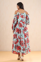 Juniper Mint Floral Printed Chiffon Maxi Dress With Adjustable Straps & Cold Shoulder - Distacart