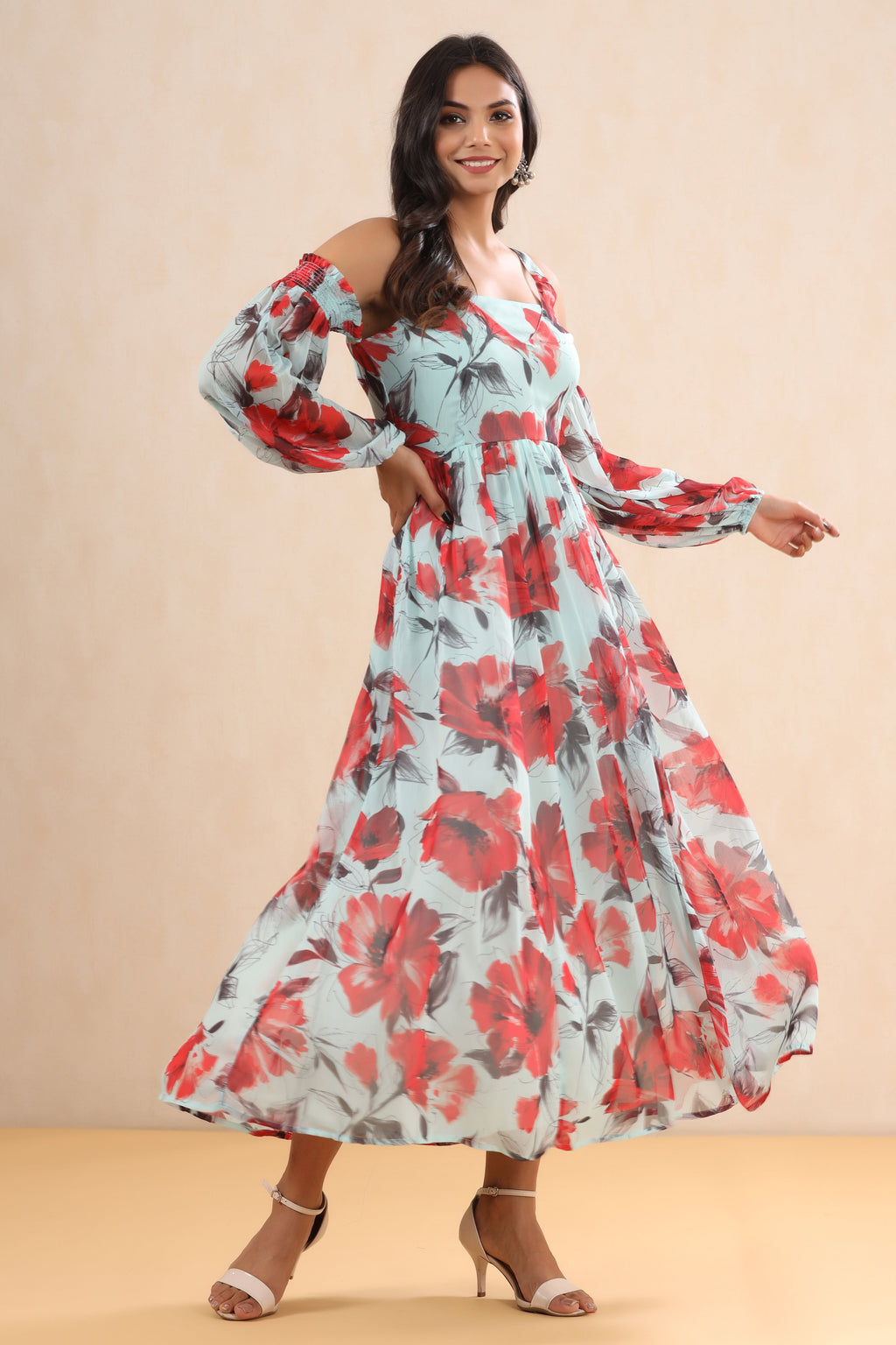 Juniper Mint Floral Printed Chiffon Maxi Dress With Adjustable Straps & Cold Shoulder - Distacart