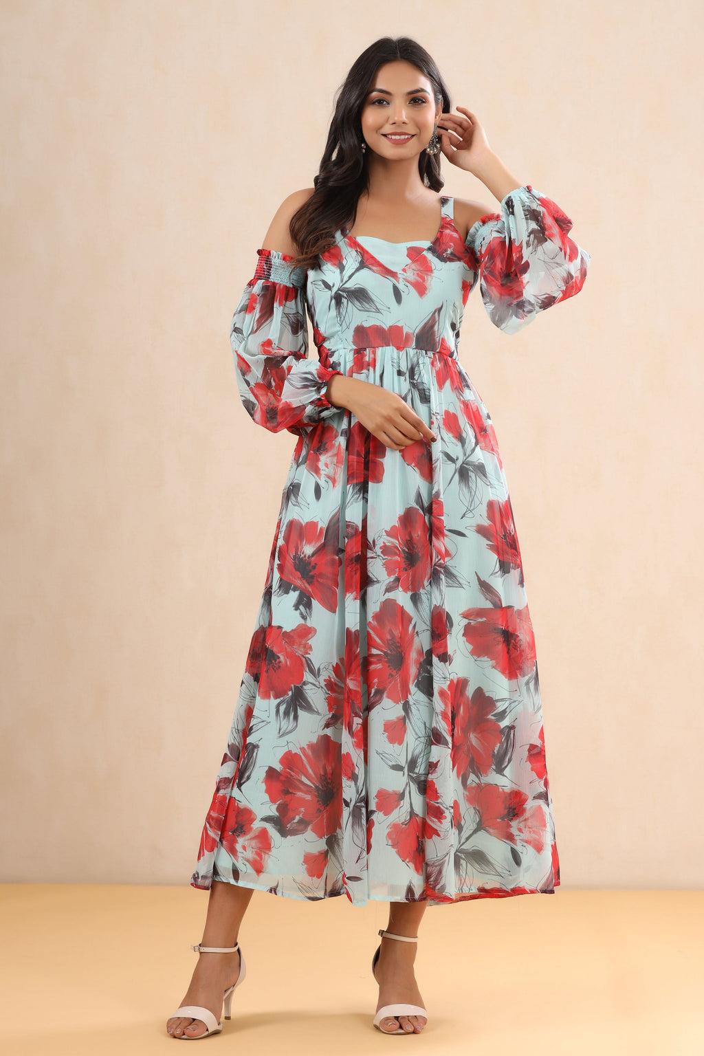 Juniper Mint Floral Printed Chiffon Maxi Dress With Adjustable Straps & Cold Shoulder - Distacart