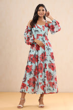 Juniper Mint Floral Printed Chiffon Maxi Dress With Adjustable Straps & Cold Shoulder - Distacart