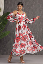 Juniper White Floral Printed Chiffon Maxi Dress With Adjustable Straps & Cold Shoulder - Distacart