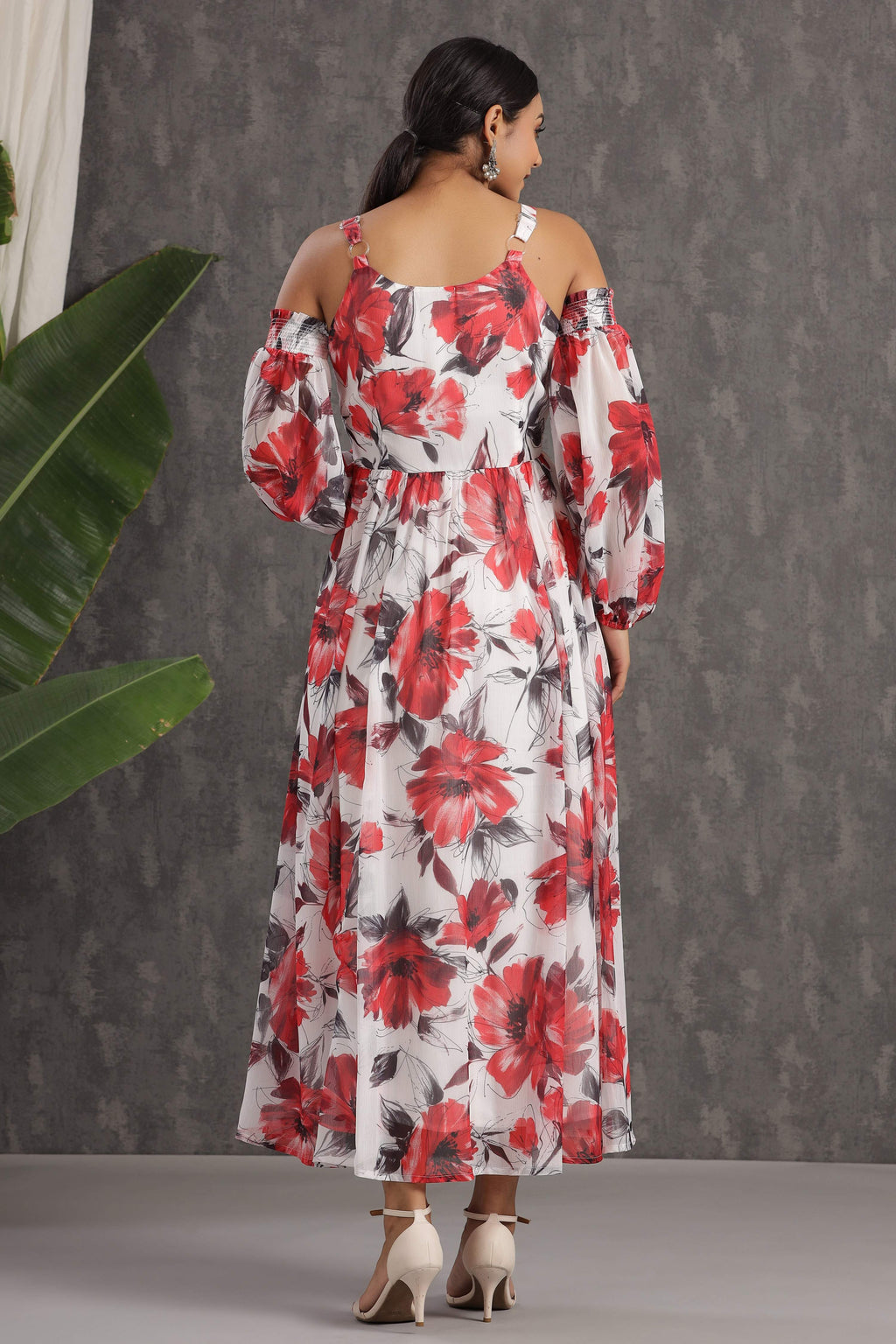 Juniper White Floral Printed Chiffon Maxi Dress With Adjustable Straps & Cold Shoulder - Distacart