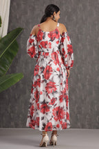Juniper White Floral Printed Chiffon Maxi Dress With Adjustable Straps & Cold Shoulder - Distacart