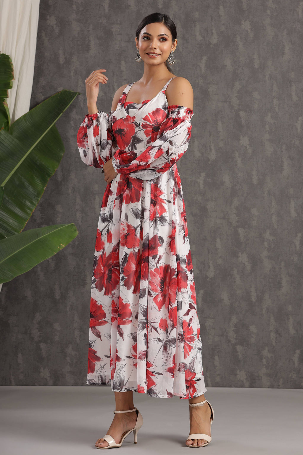 Juniper White Floral Printed Chiffon Maxi Dress With Adjustable Straps & Cold Shoulder - Distacart