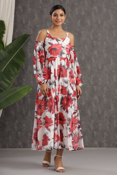 Juniper Women's White Chiffon Printed Flared Dress