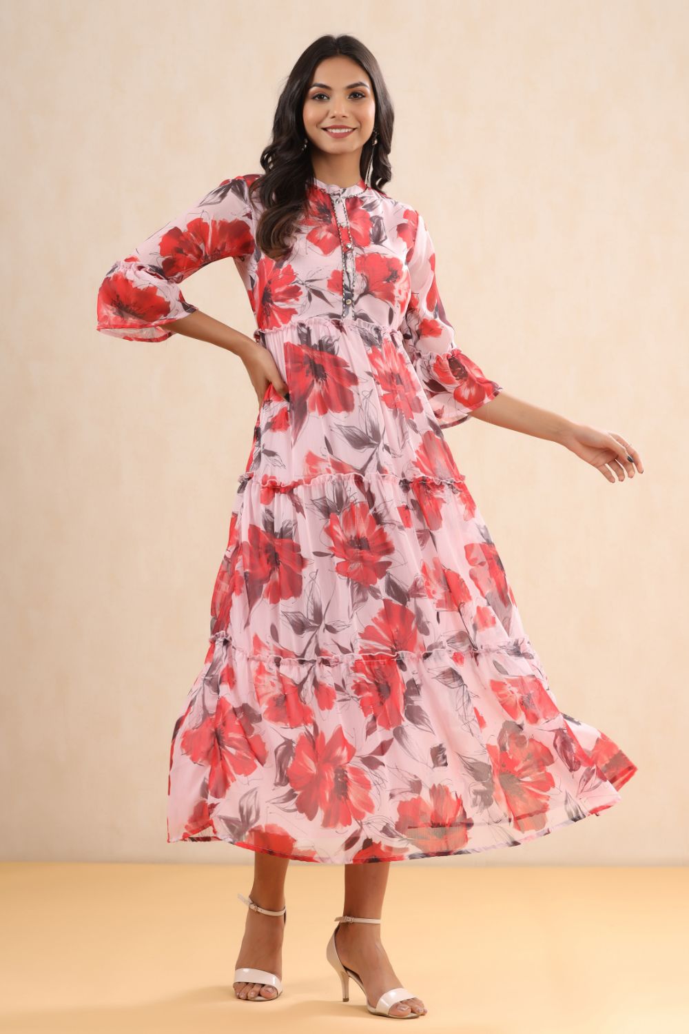 Juniper Womens Pink Chiffon Floral Printed Tiered Dress - Distacart