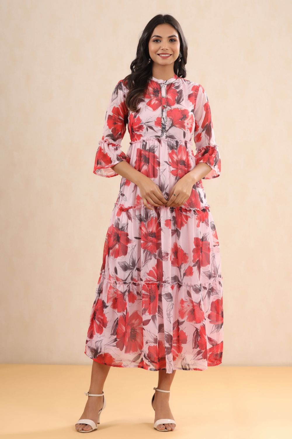 Juniper Womens Pink Chiffon Floral Printed Tiered Dress - Distacart