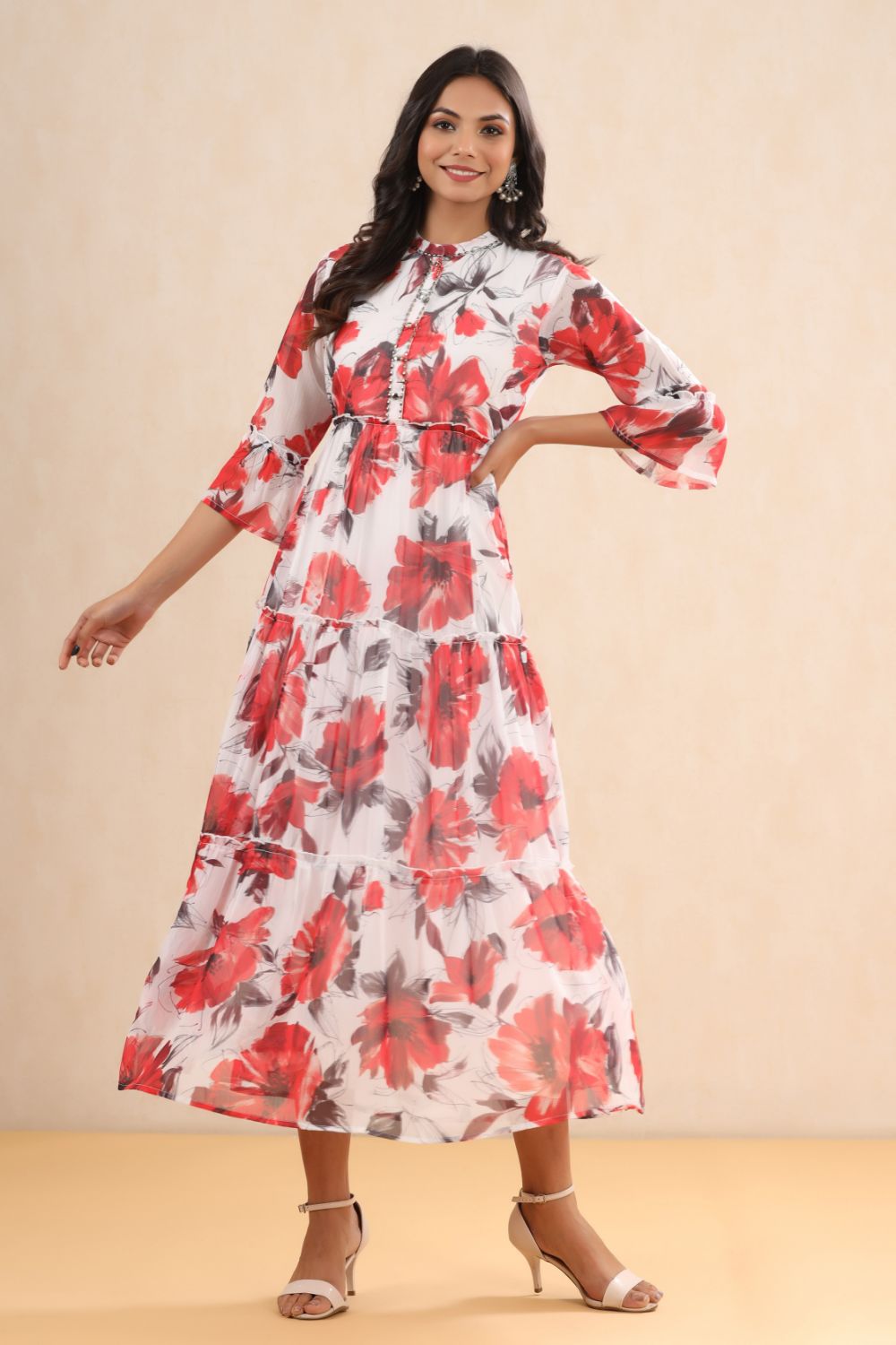 Juniper Womens White Chiffon Floral Printed Tiered Dress