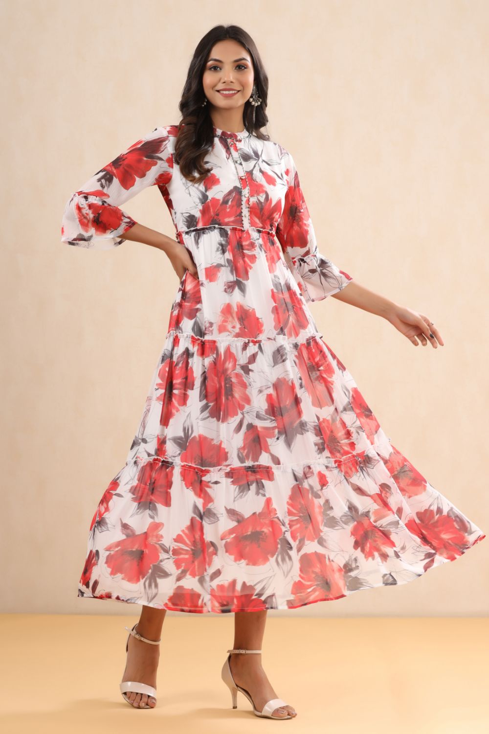 Juniper Womens White Chiffon Floral Printed Tiered Dress