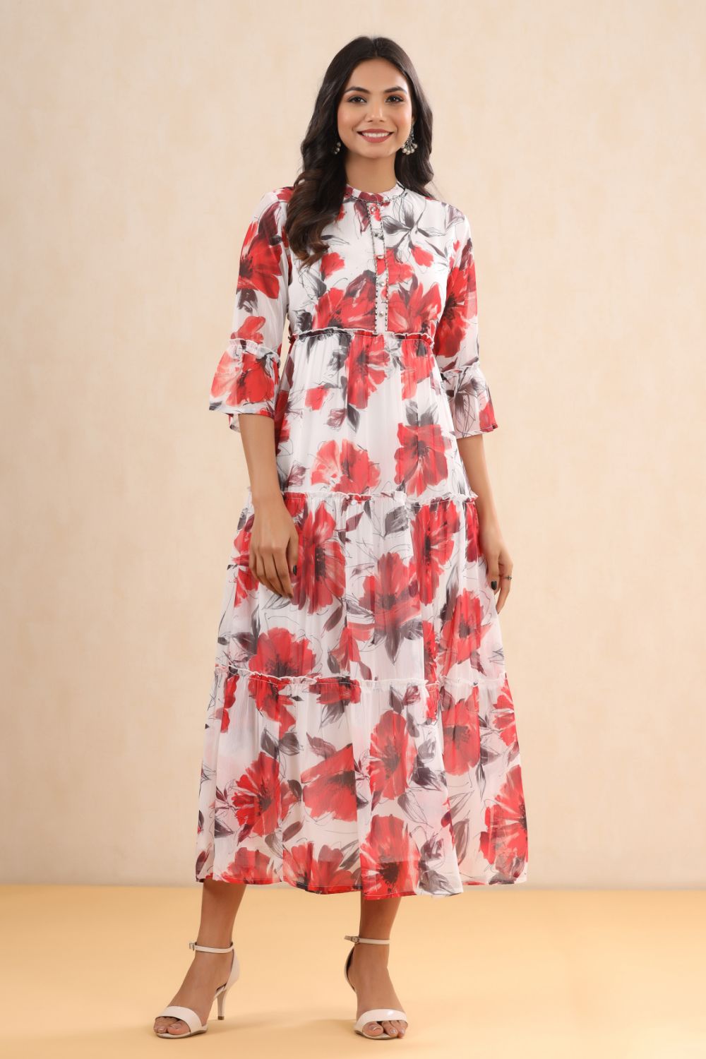 Juniper Womens White Chiffon Floral Printed Tiered Dress