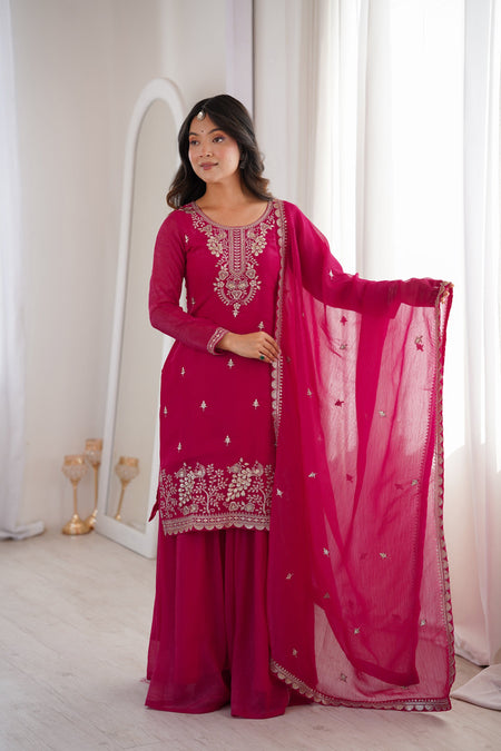Lorenvalley Fashion Magenta Soft Crunchy Silk Fabric with Embroidery Sequence, Thread and Jari Work Kurta Palazzo with Dupatta