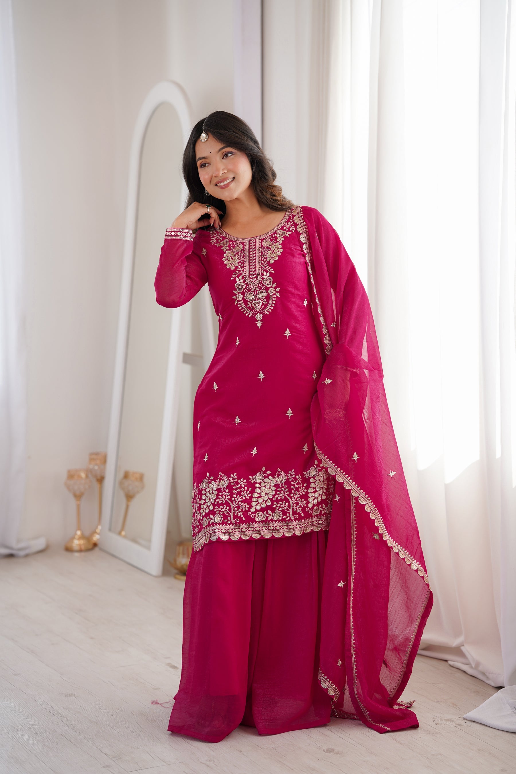 Lorenvalley Fashion Magenta Soft Crunchy Silk Fabric with Embroidery Sequence, Thread and Jari Work Kurta Palazzo with Dupatta - Distacart