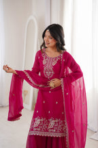 Lorenvalley Fashion Magenta Soft Crunchy Silk Fabric with Embroidery Sequence, Thread and Jari Work Kurta Palazzo with Dupatta - Distacart