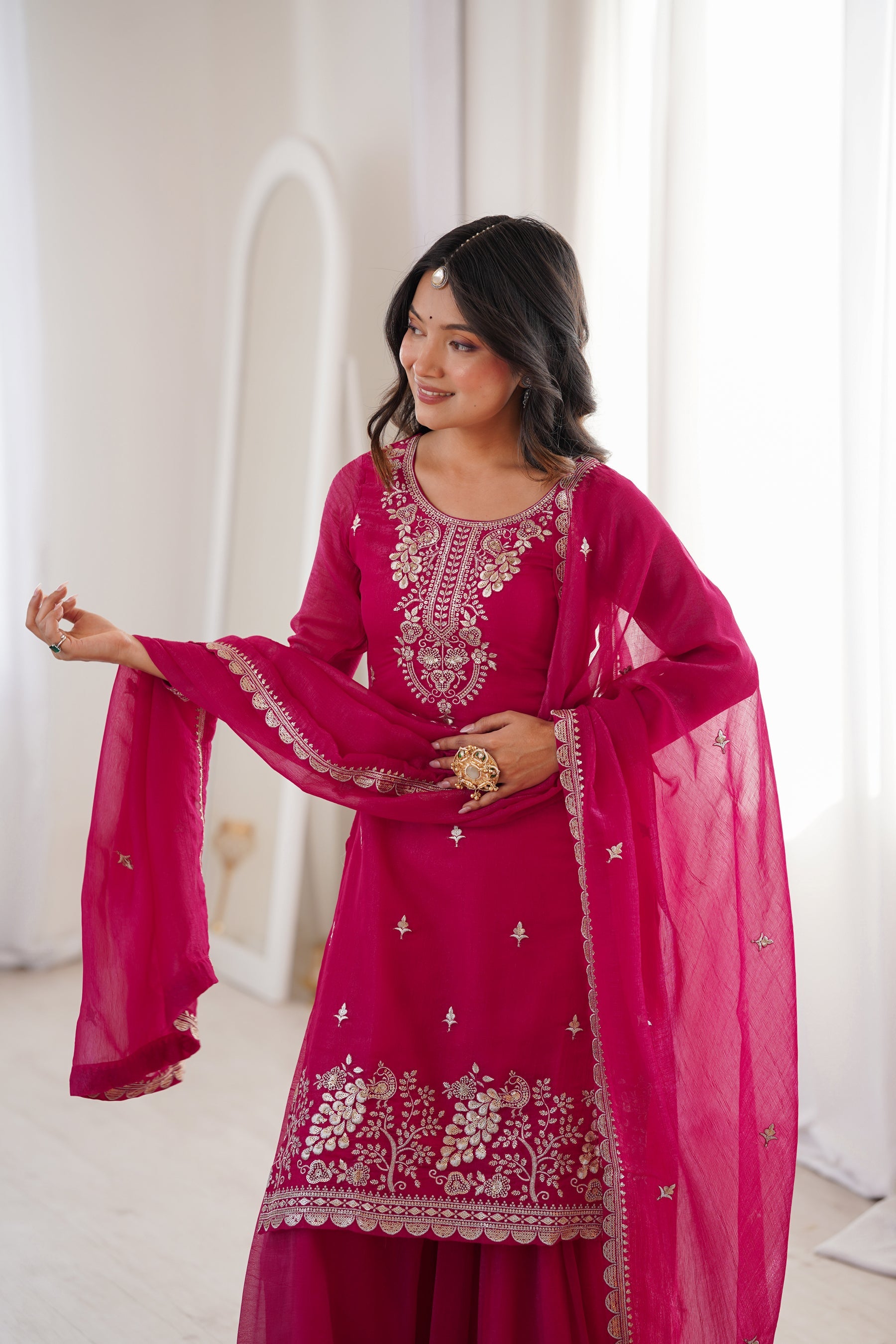 Lorenvalley Fashion Magenta Soft Crunchy Silk Fabric with Embroidery Sequence, Thread and Jari Work Kurta Palazzo with Dupatta - Distacart