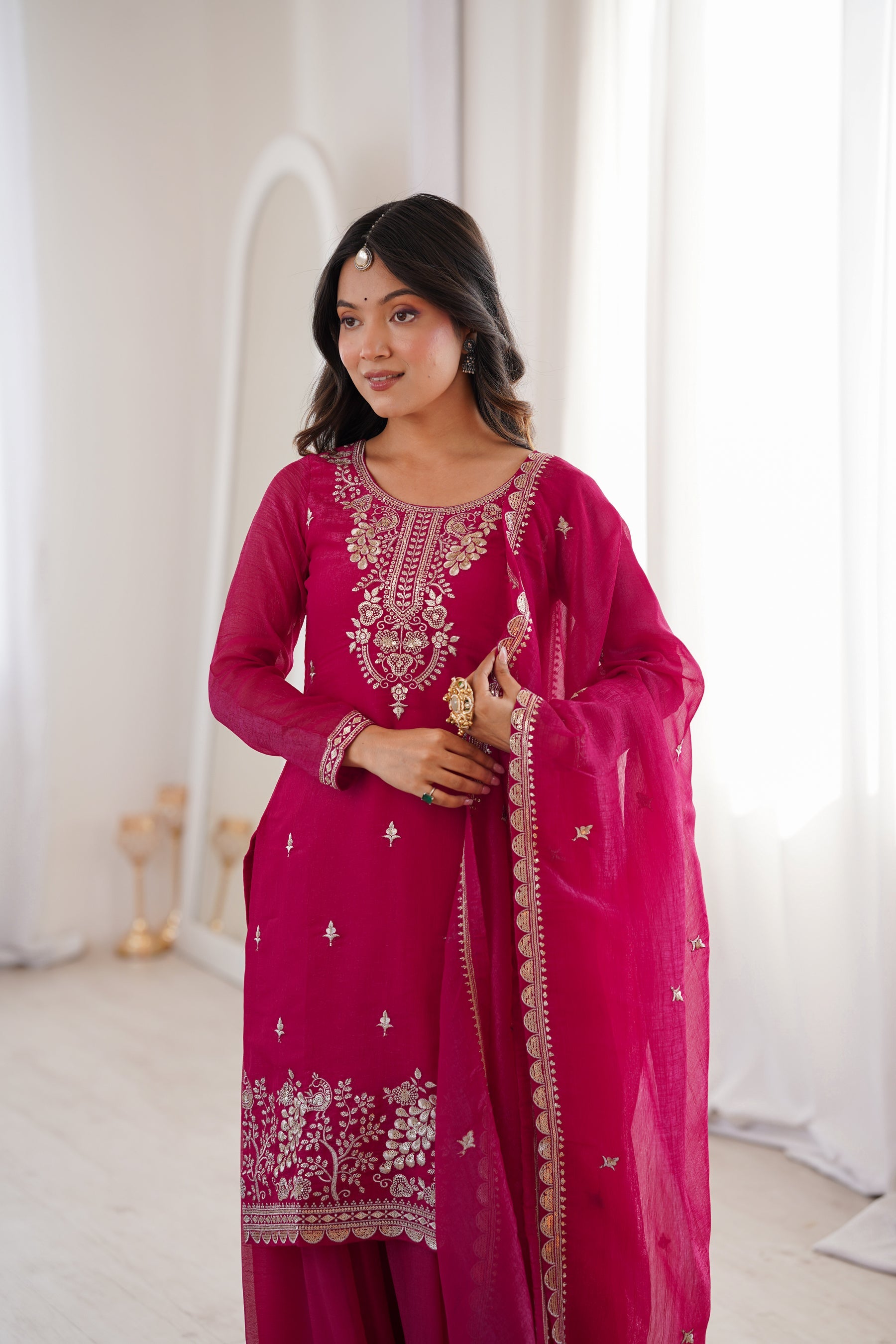 Lorenvalley Fashion Magenta Soft Crunchy Silk Fabric with Embroidery Sequence, Thread and Jari Work Kurta Palazzo with Dupatta - Distacart