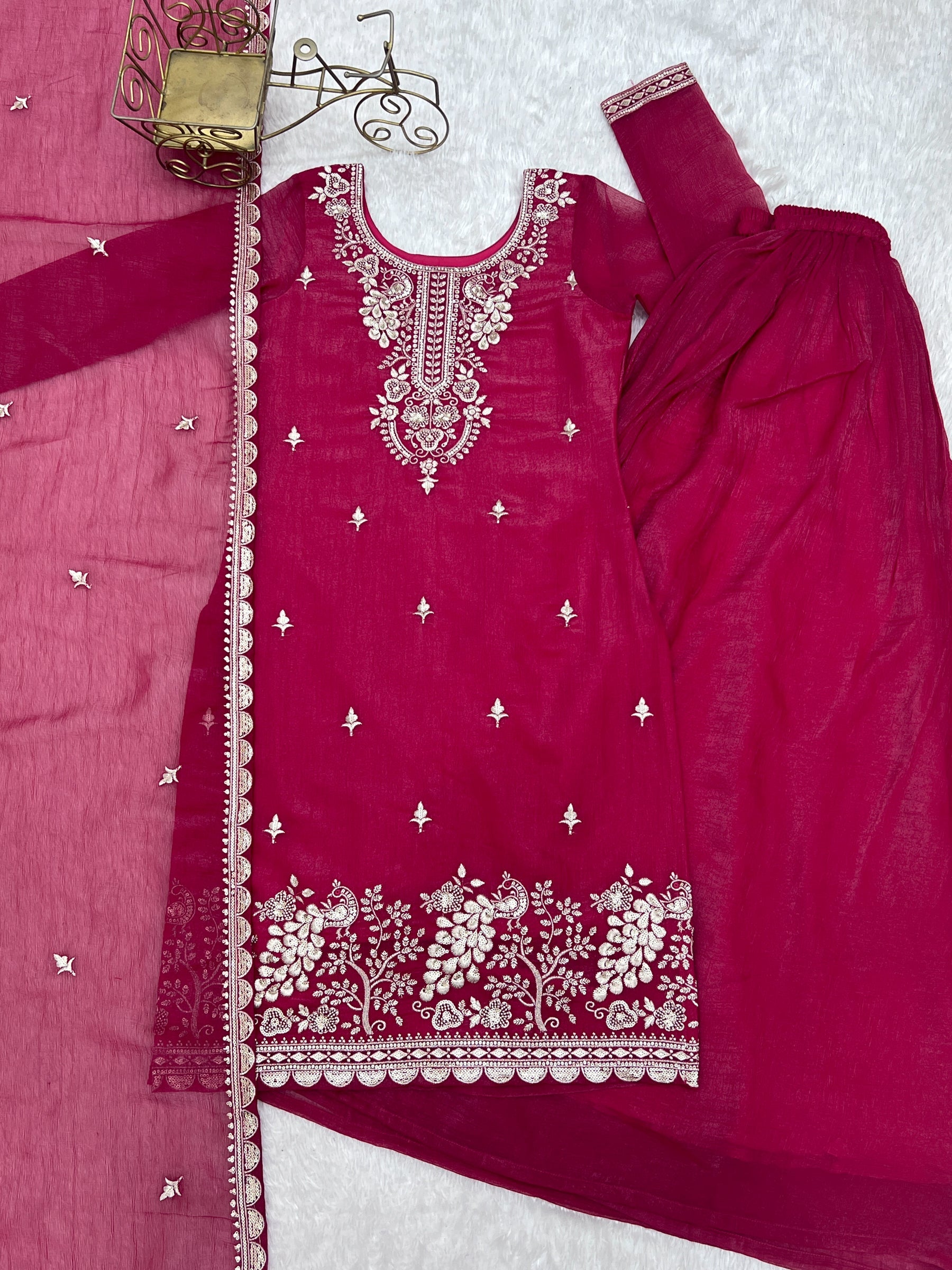 Lorenvalley Fashion Magenta Soft Crunchy Silk Fabric with Embroidery Sequence, Thread and Jari Work Kurta Palazzo with Dupatta - Distacart