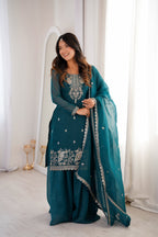 Lorenvalley Fashion Teal Soft Crunchy Silk Fabric with Embroidery Sequence, Thread and Jari Work Kurta Palazzo with Dupatta - Distacart