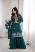 Lorenvalley Fashion Teal Soft Crunchy Silk Fabric with Embroidery Sequence, Thread and Jari Work Kurta Palazzo with Dupatta - Distacart