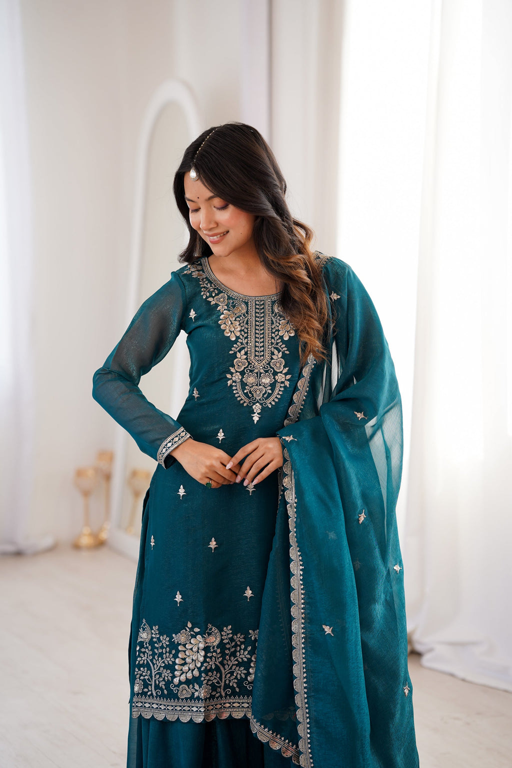 Lorenvalley Fashion Teal Soft Crunchy Silk Fabric with Embroidery Sequence, Thread and Jari Work Kurta Palazzo with Dupatta - Distacart