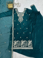 Lorenvalley Fashion Teal Soft Crunchy Silk Fabric with Embroidery Sequence, Thread and Jari Work Kurta Palazzo with Dupatta - Distacart