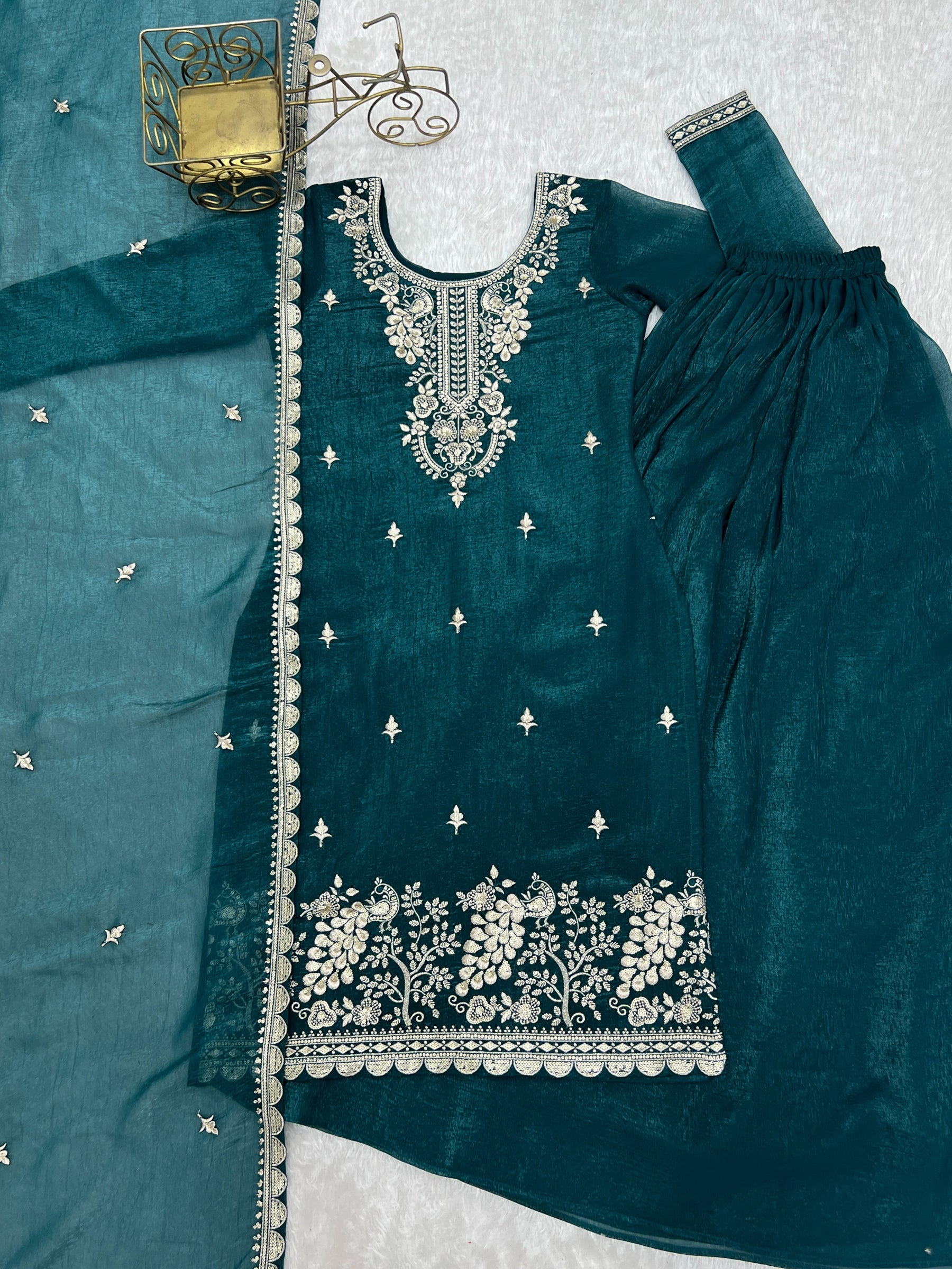Lorenvalley Fashion Teal Soft Crunchy Silk Fabric with Embroidery Sequence, Thread and Jari Work Kurta Palazzo with Dupatta - Distacart