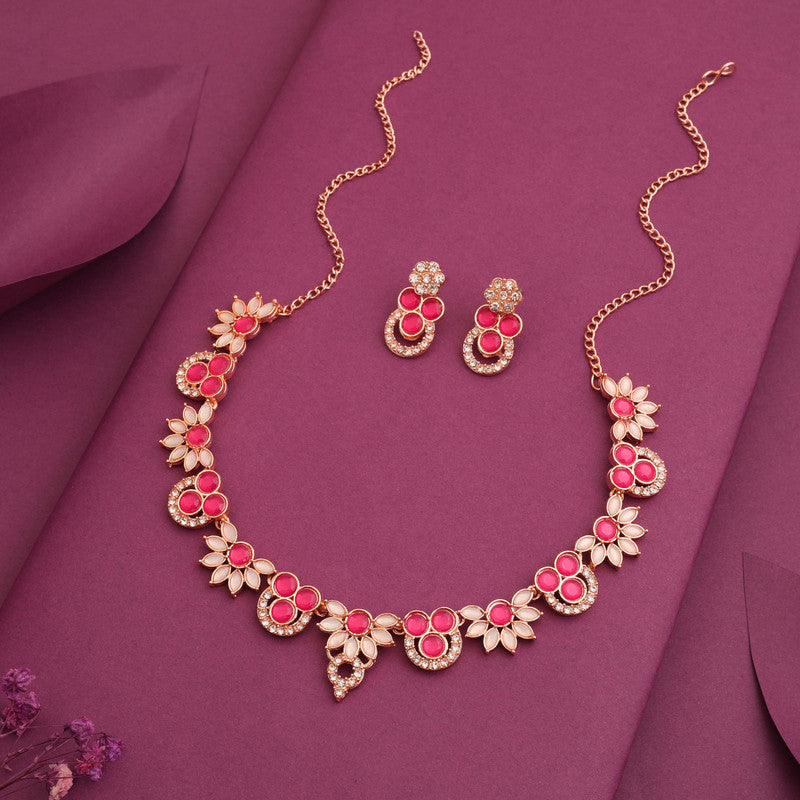 Tehzeeb Creations Gold Pleate Pink Choker Necklace With Stud