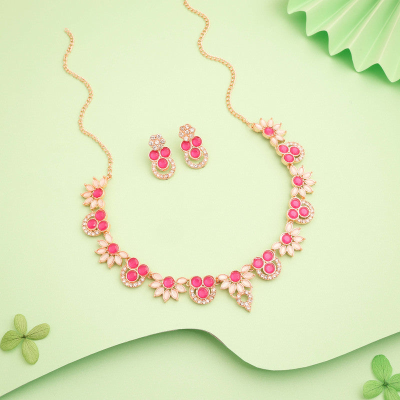 Tehzeeb Creations Gold Pleate Pink Choker Necklace With Stud
