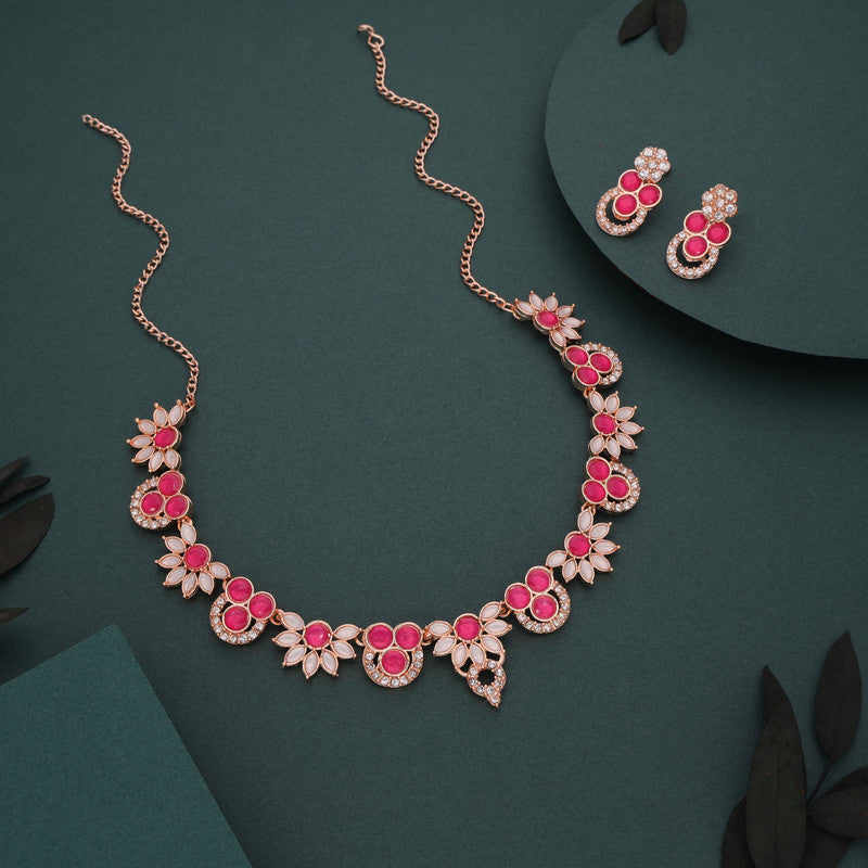 Tehzeeb Creations Gold Pleate Pink Choker Necklace With Stud