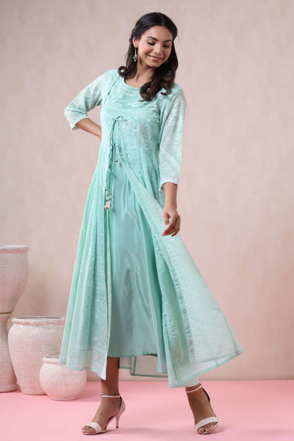 Juniper Womens Mint Georgette Foil Printed Double Layred Anarkali Dress - Distacart