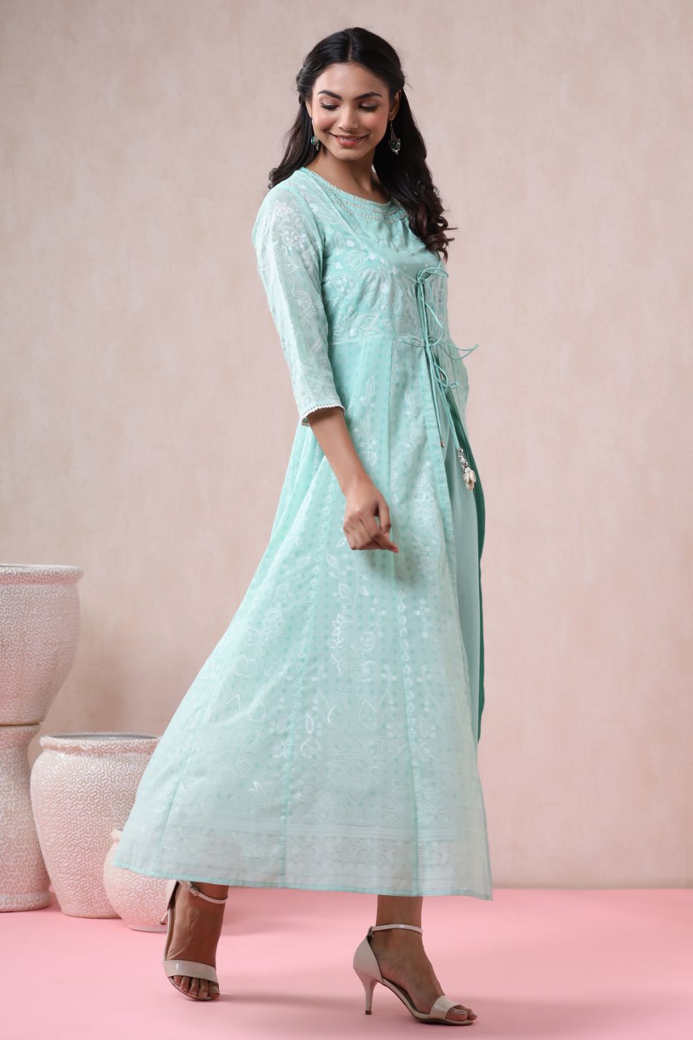 Juniper Womens Mint Georgette Foil Printed Double Layred Anarkali Dress - Distacart