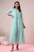 Juniper Womens Mint Georgette Foil Printed Double Layred Anarkali Dress - Distacart