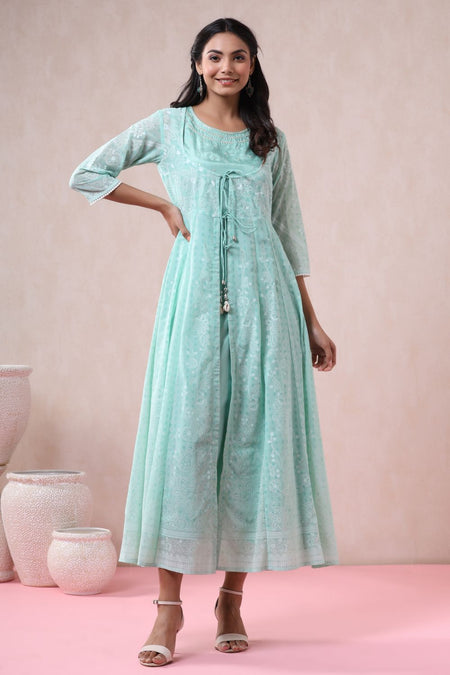 Juniper Womens Mint Georgette Foil Printed Double Layred Anarkali Dress