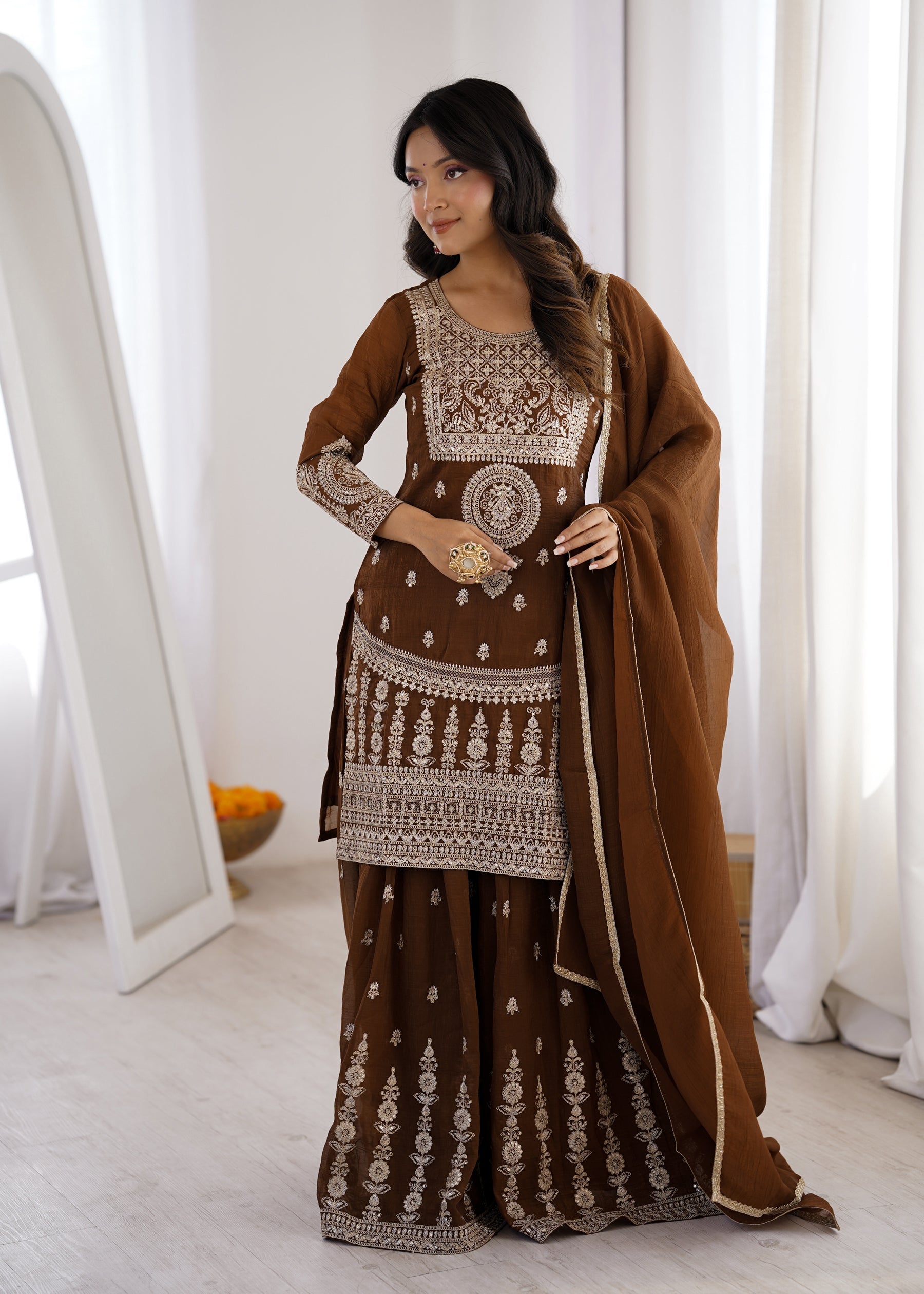 Lorenvalley Fashion Brown Soft Crunchy Silk Fabric with Embroidery Dori, Jari Work Kurta Palazzo with Dupatta - Distacart