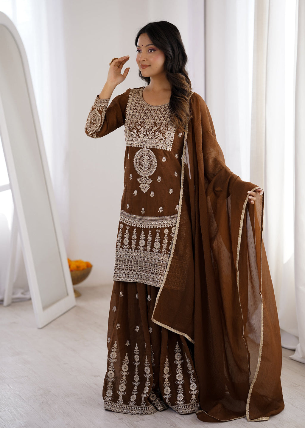 Lorenvalley Fashion Brown Soft Crunchy Silk Fabric with Embroidery Dori, Jari Work Kurta Palazzo with Dupatta - Distacart