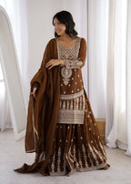 Lorenvalley Fashion Brown Soft Crunchy Silk Fabric with Embroidery Dori, Jari Work Kurta Palazzo with Dupatta - Distacart