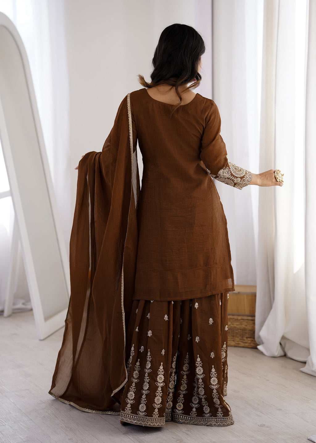 Lorenvalley Fashion Brown Soft Crunchy Silk Fabric with Embroidery Dori, Jari Work Kurta Palazzo with Dupatta - Distacart