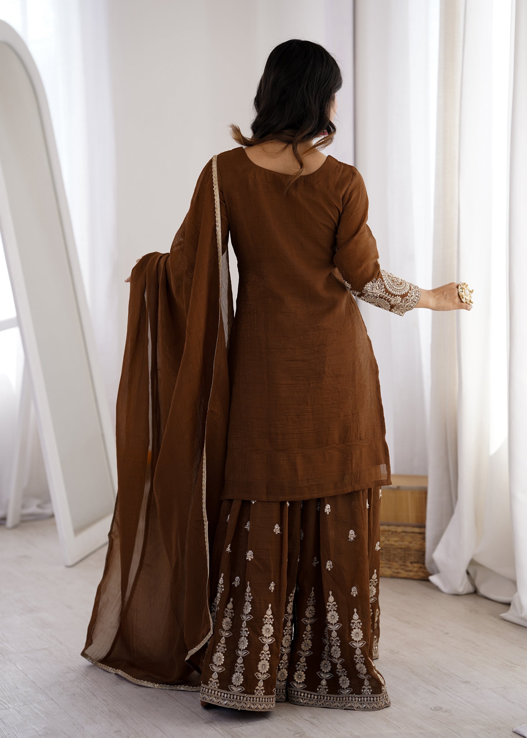 Lorenvalley Fashion Brown Soft Crunchy Silk Fabric with Embroidery Dori, Jari Work Kurta Palazzo with Dupatta - Distacart